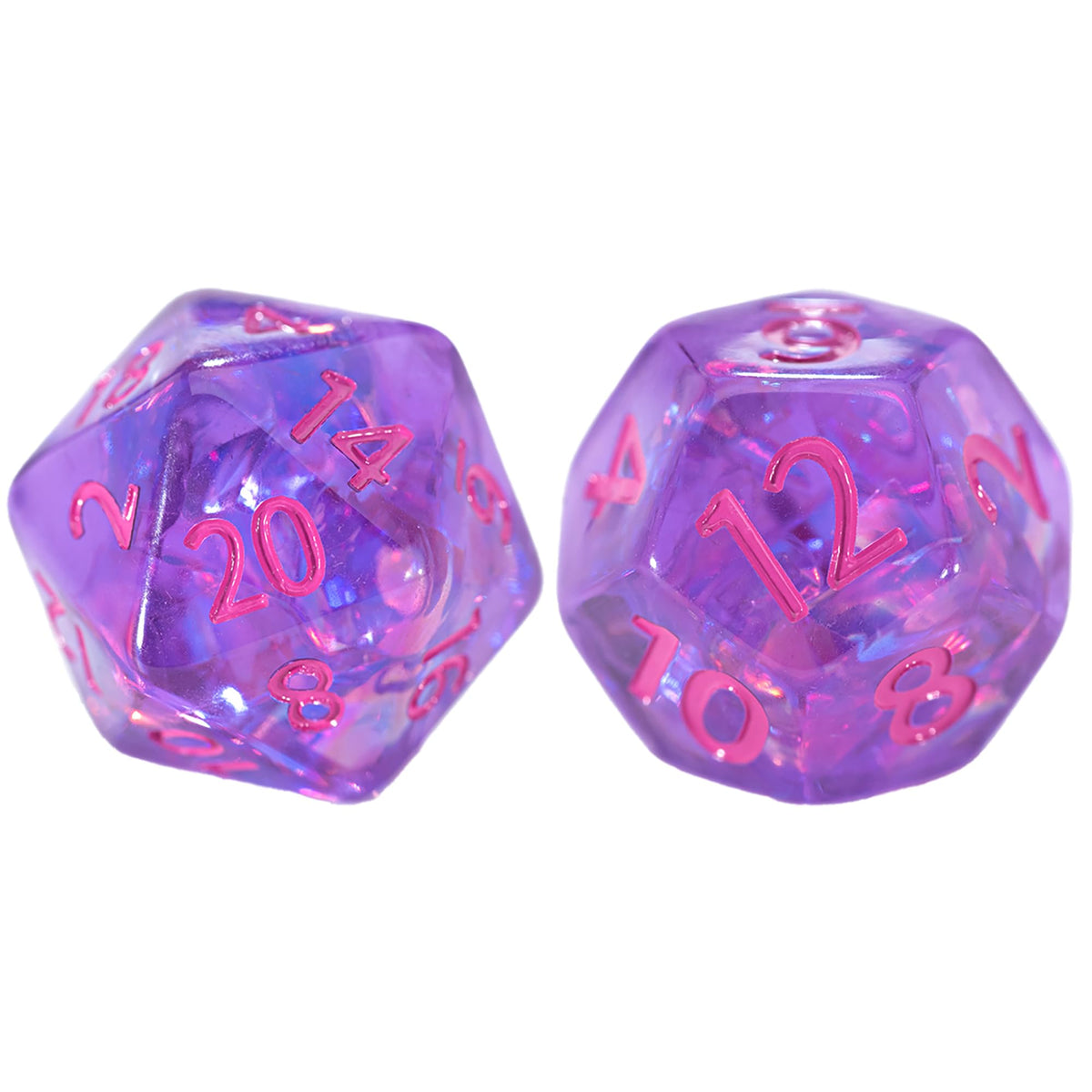 Two sparkly, translucent purple polyhedral dice with pink numbers, showing 20 and 12