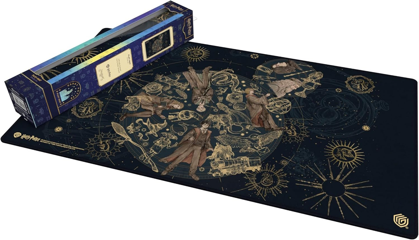 Unrolled Harry Potter playmat, navy blue with detailed gold art of characters and magical symbols, displayed with its box