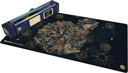 Unrolled Harry Potter playmat, navy blue with detailed gold art of characters and magical symbols, displayed with its box