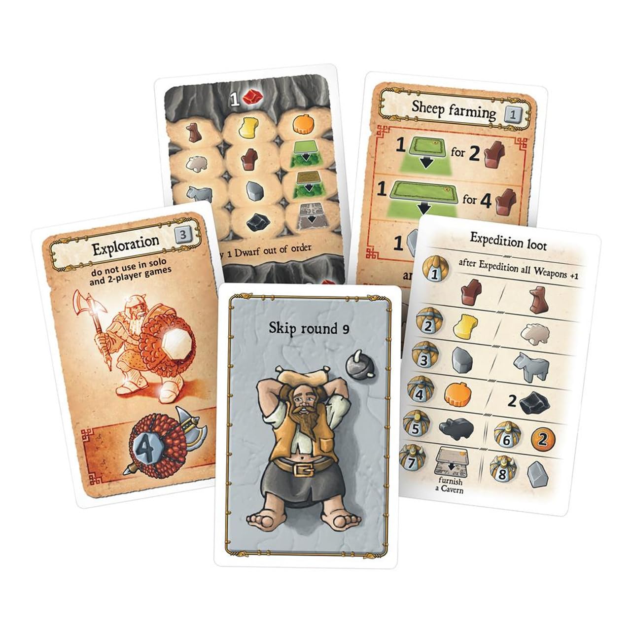 Caverna: Frantic Fiends Expansion game components on table