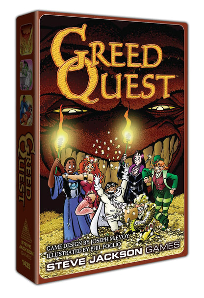 Greed Quest game box: Diverse adventurers celebrate finding gold, watched by a massive, grinning red monster