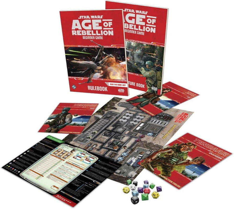 A Star Wars Age of Rebellion Beginner Game set, featuring rulebooks, game map, character sheets, and dice