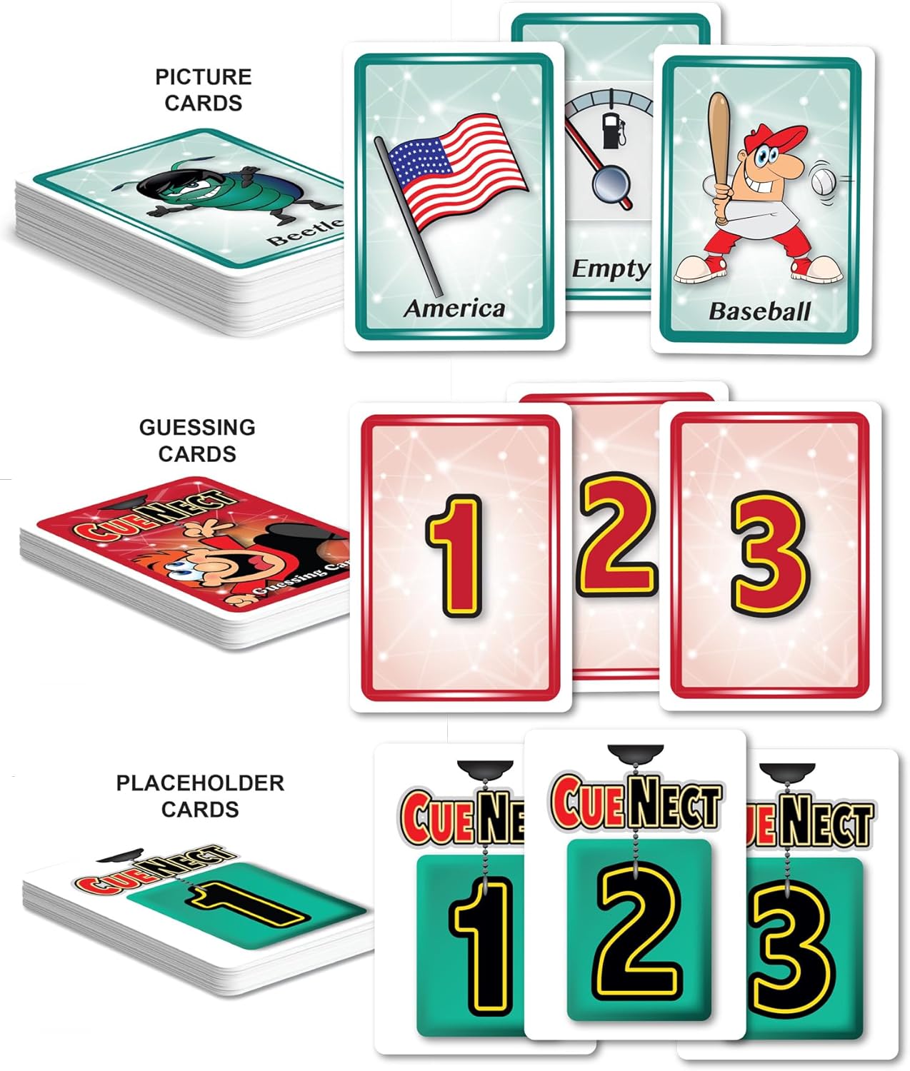 Three sets of CueNect card game components: Picture, Guessing (1-3), and Placeholder cards