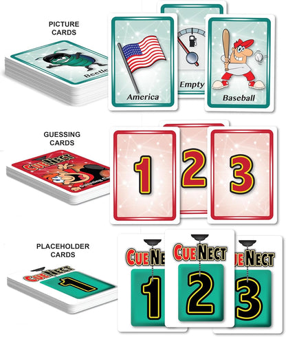 Three sets of CueNect card game components: Picture, Guessing (1-3), and Placeholder cards