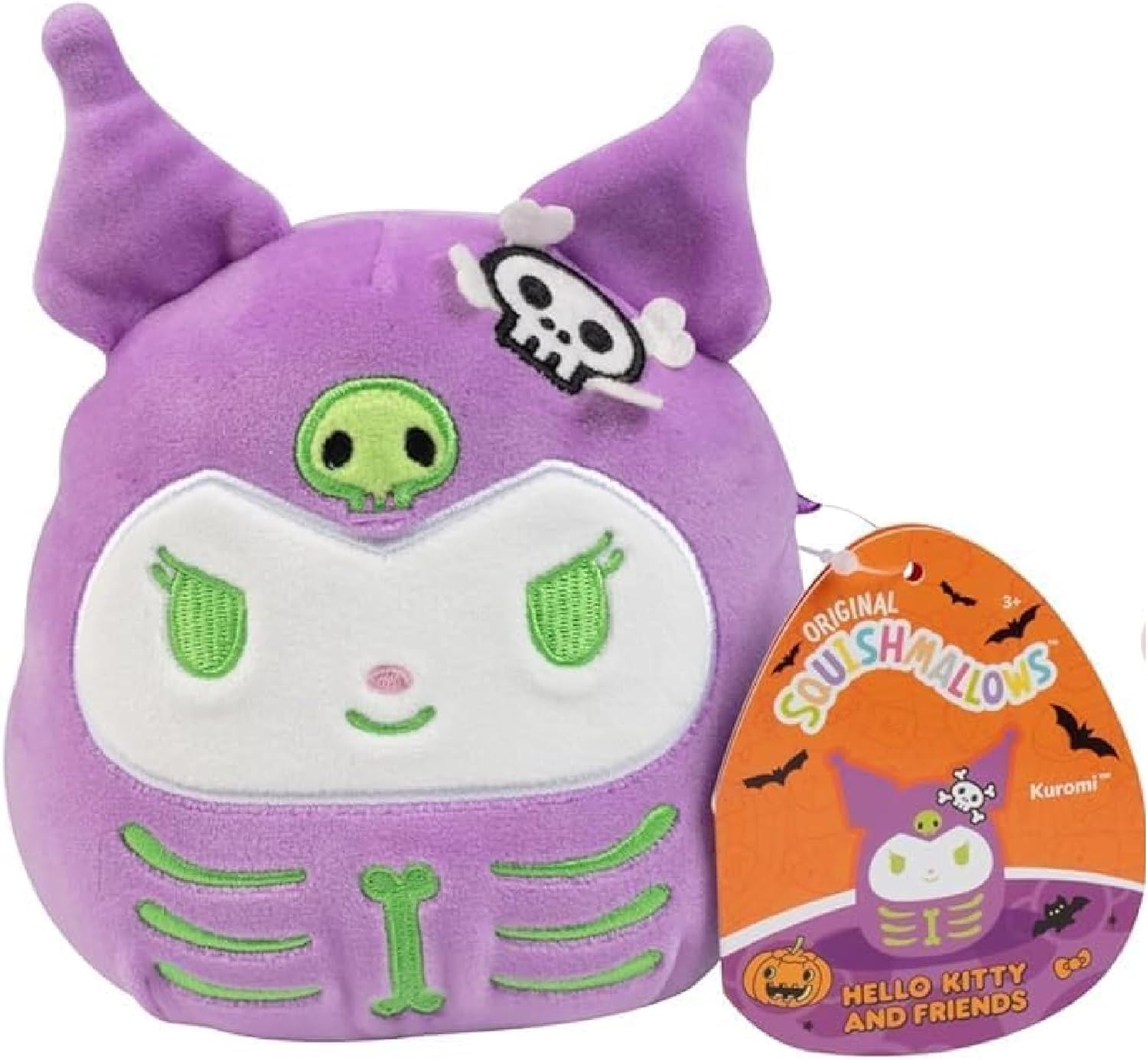 Purple Kuromi Squishmallow plush dressed as a skeleton, featuring green bone details and a Halloween tag