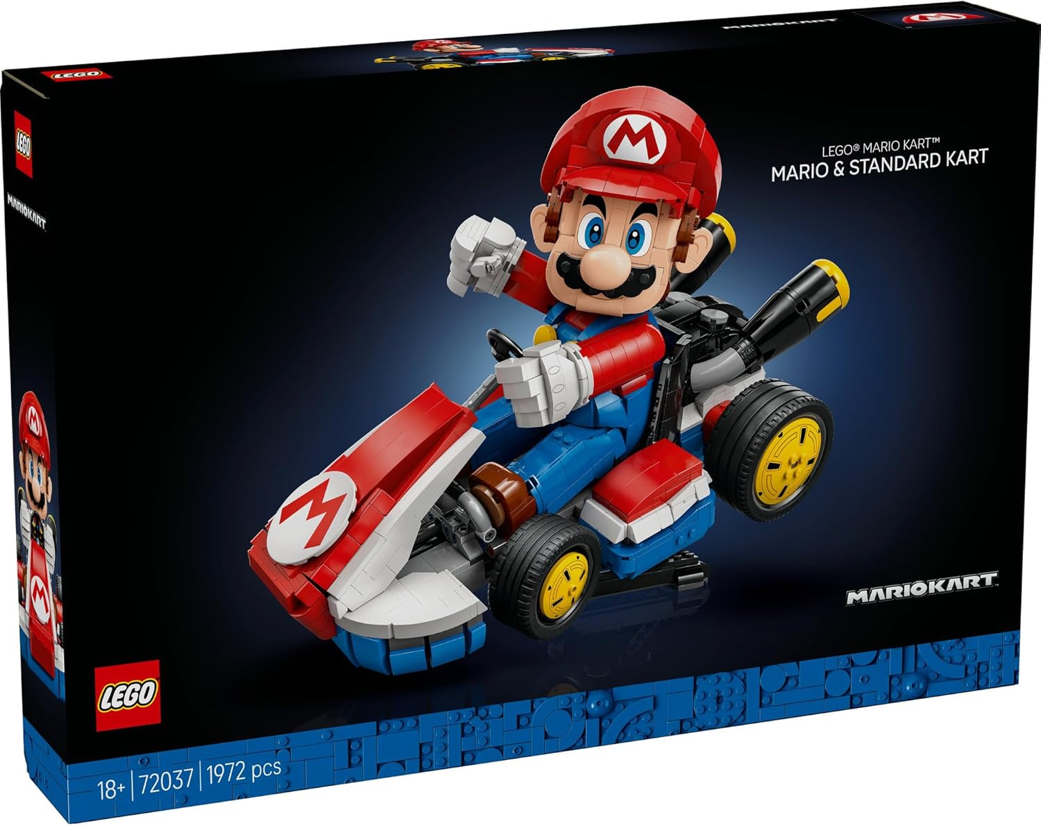 LEGO Mario Kart set box featuring a large brick-built Mario driving the red and blue Standard Kart