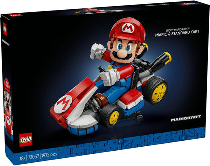 LEGO Mario Kart set box featuring a large brick-built Mario driving the red and blue Standard Kart