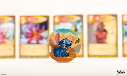 Bitten circular game token of Stitch smiling on a surfboard background, with blurred cards visible