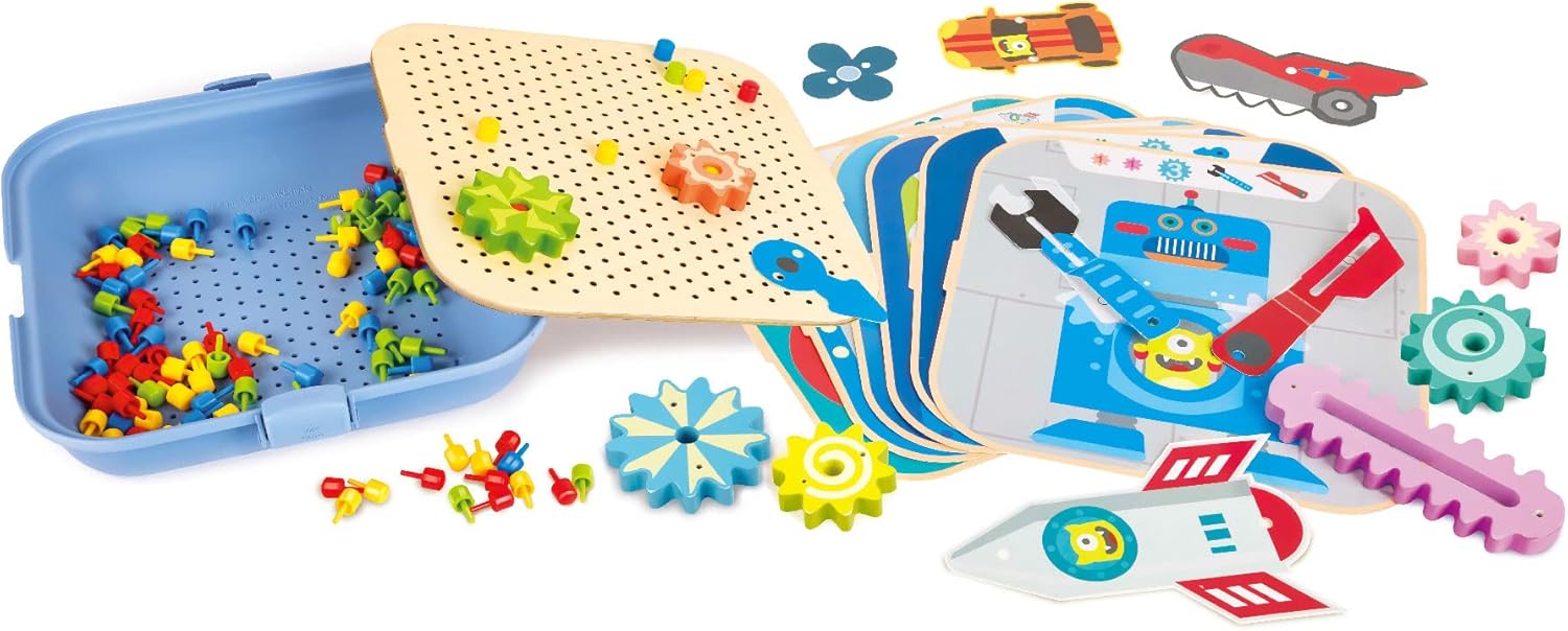 Colorful kids' Cogworks Experimental Playset with gears, construction pieces, and robot assembly cards