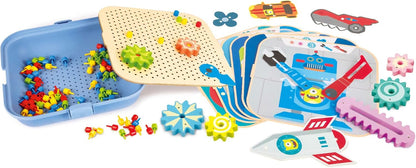 Colorful kids' Cogworks Experimental Playset with gears, construction pieces, and robot assembly cards