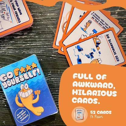 Box and playing cards for the humor game, "Go F*** Yourself!" Cards show cartoon art and crude jokes