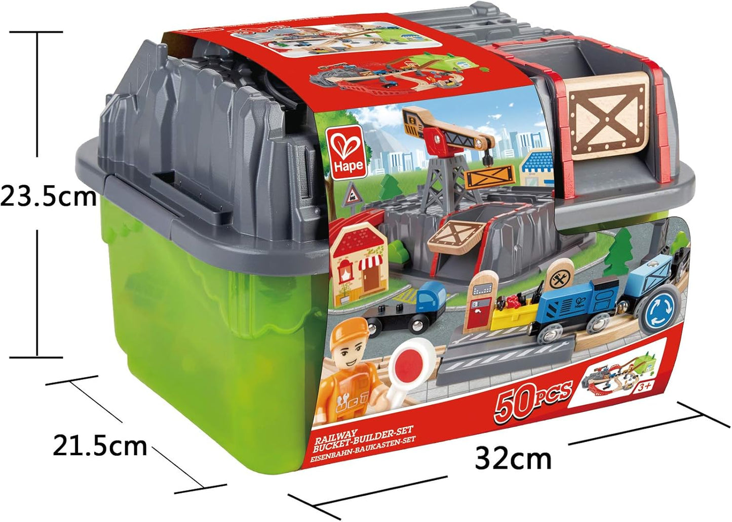 Hape 50-piece Railway Builder Set in a green storage bucket with a grey lid molded as rocky terrain