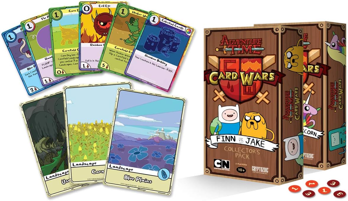 Adventure Time Card Wars game box featuring Finn and Jake, surrounded by creature and landscape playing cards