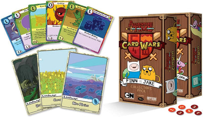 Adventure Time Card Wars game box featuring Finn and Jake, surrounded by creature and landscape playing cards