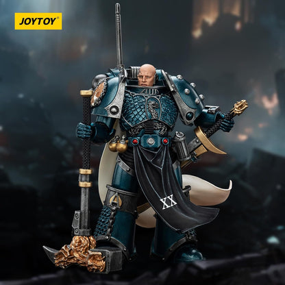 JoyToy Alpha Legion Space Marine figure, bald, in teal power armor, holding an ornate hammer and sword