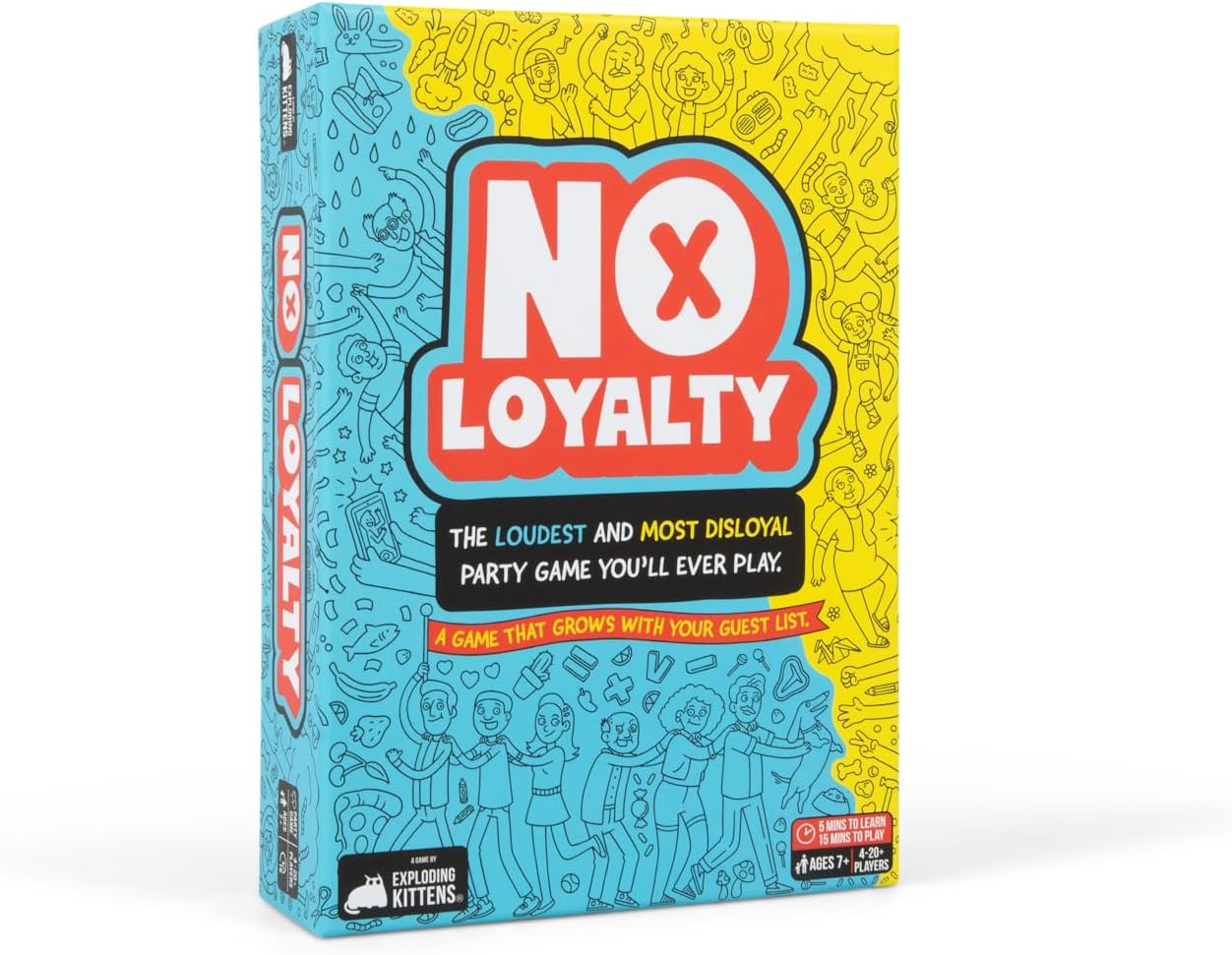Retail box for the party game "NO LOYALTY," featuring bright blue and yellow illustrations of animated people