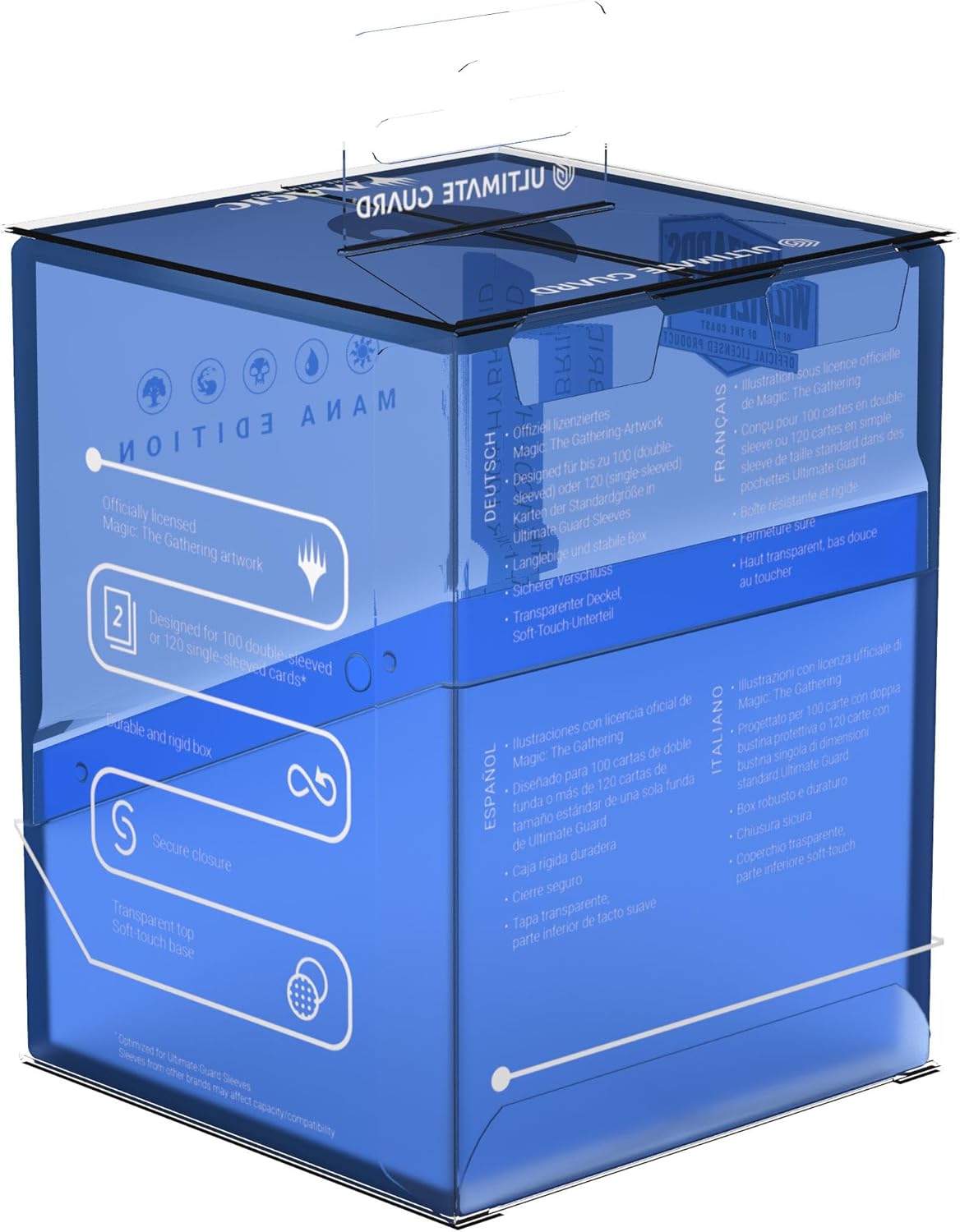 Blue Ultimate Guard deck box packaging with transparent lid, detailing features and card capacity