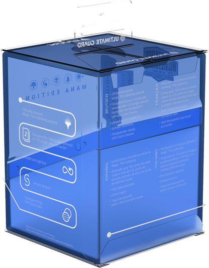 Blue Ultimate Guard deck box packaging with transparent lid, detailing features and card capacity