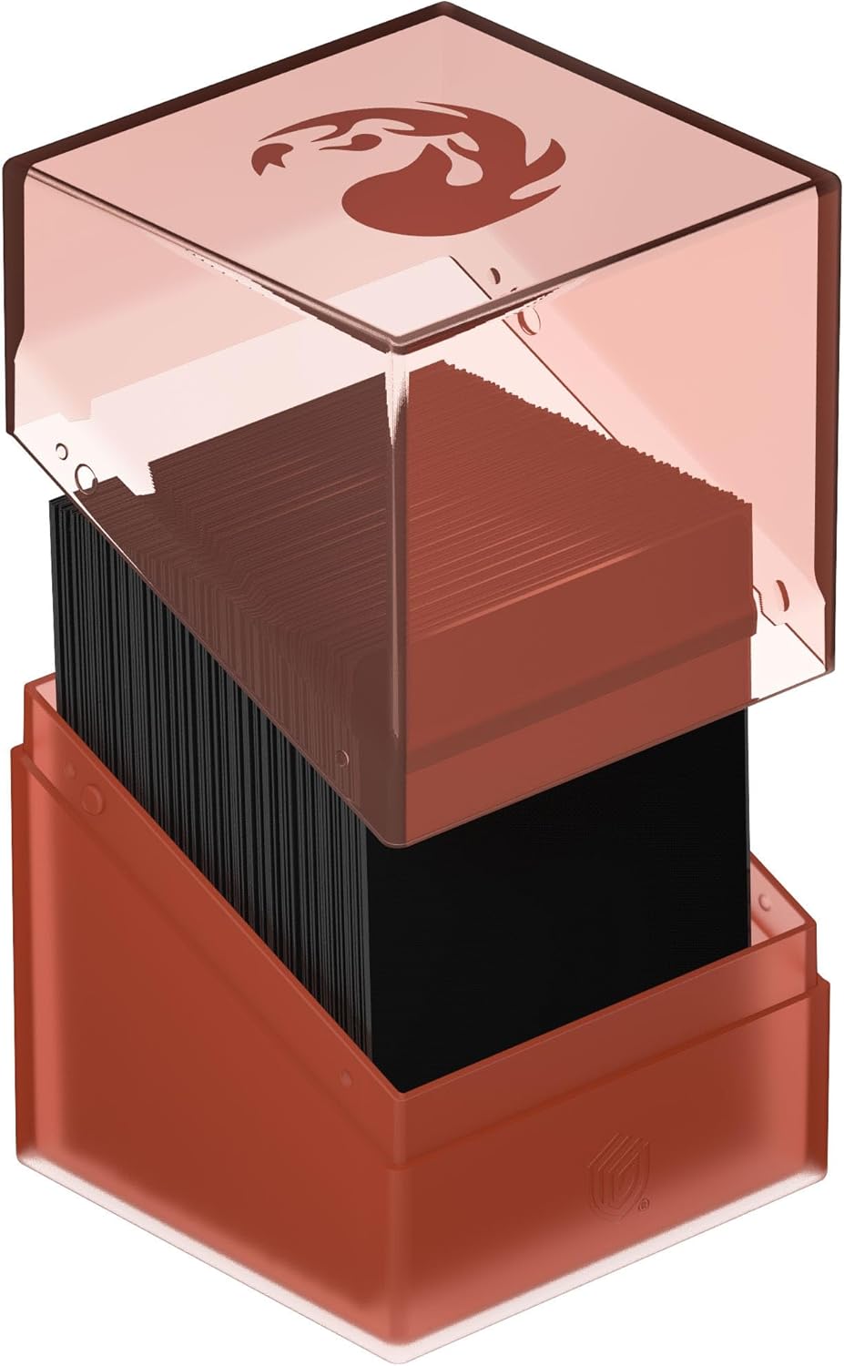 Copper deck box with the MTG logo, partially open, revealing a stack of black sleeved cards