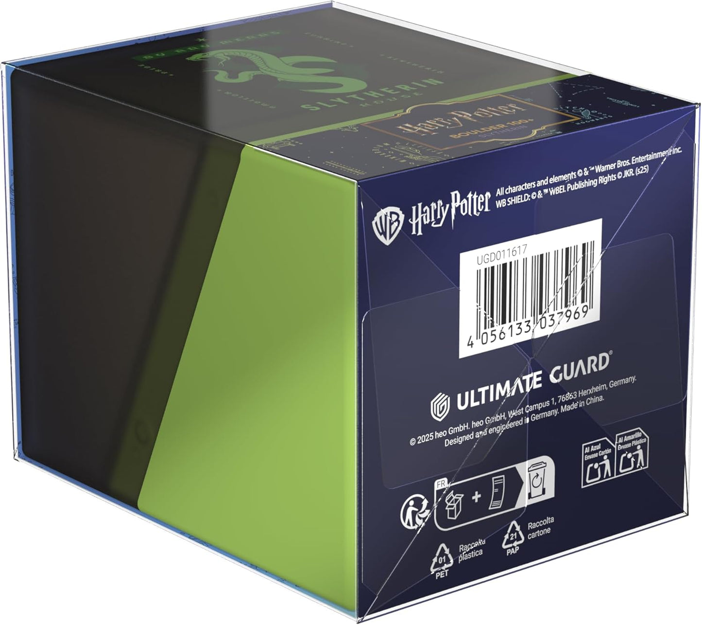 Ultimate Guard Harry Potter Slytherin deck box packaging, dark blue and green, showing the snake emblem