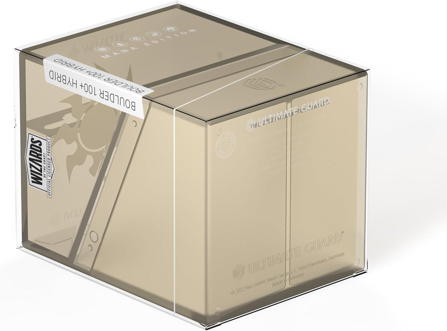 Ultimate Guard Boulder 100+ Hybrid deck box (Mana Edition) in tan transparent packaging