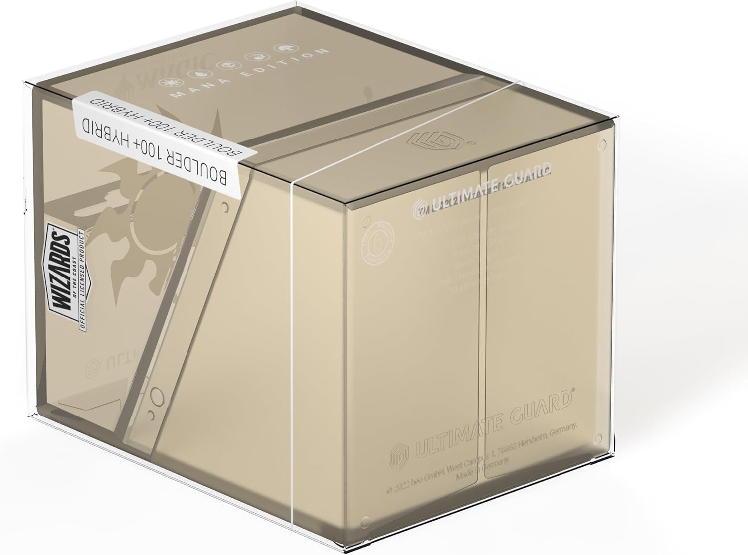 Ultimate Guard Boulder 100+ Hybrid deck box (Mana Edition) in tan transparent packaging