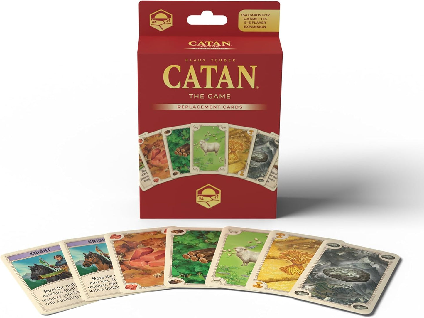Red Catan Replacement Cards box shown with resource and development cards fanned out