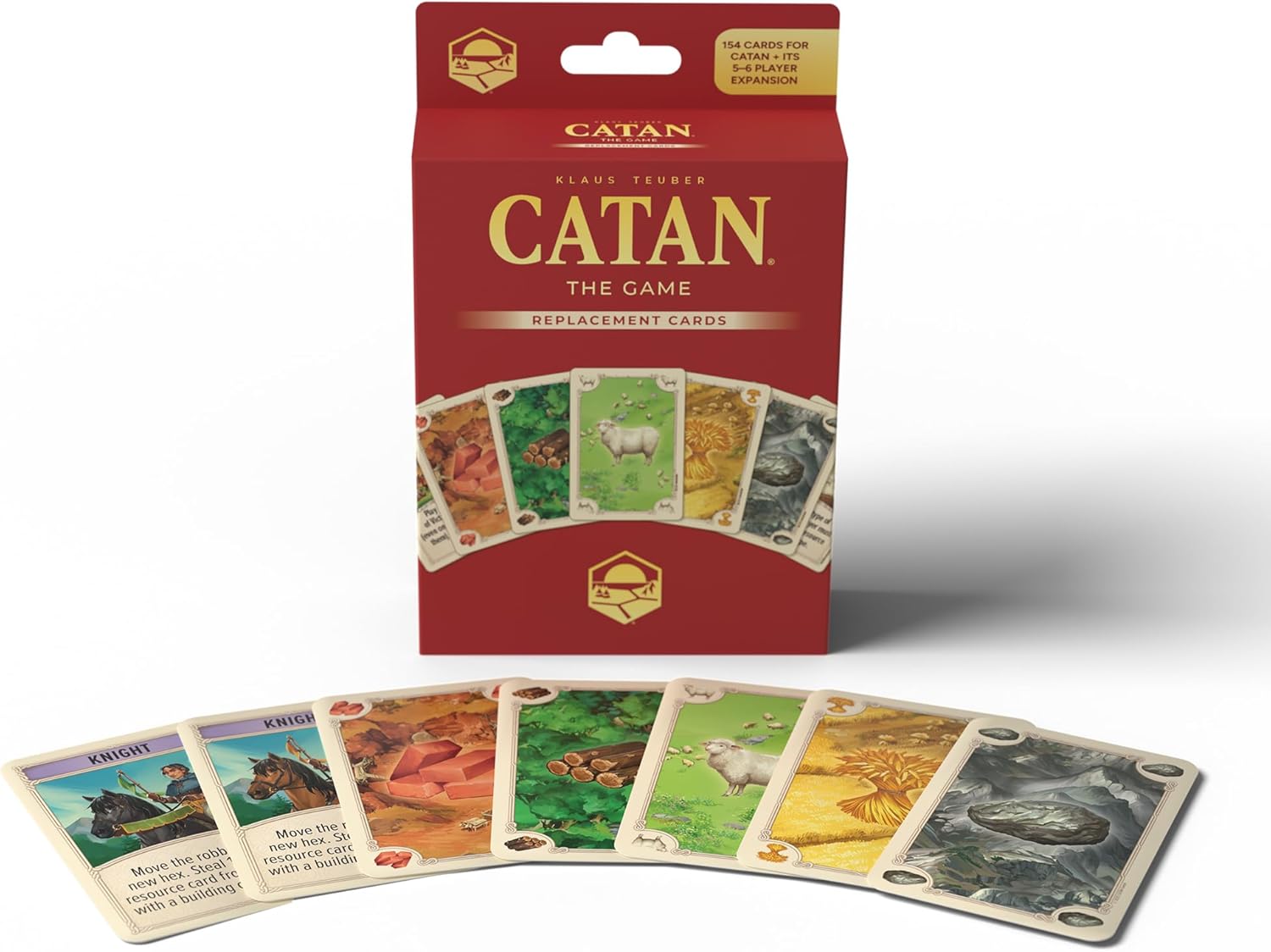 Red Catan Replacement Cards box shown with resource and development cards fanned out