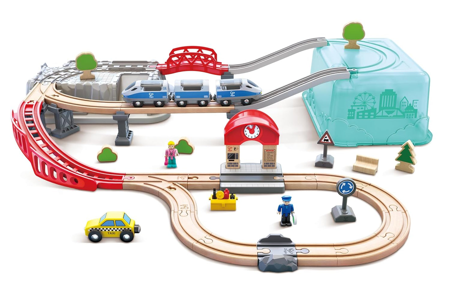 Wooden toy train set featuring a blue electric train on elevated tracks, a red bridge, station, taxi, and figures