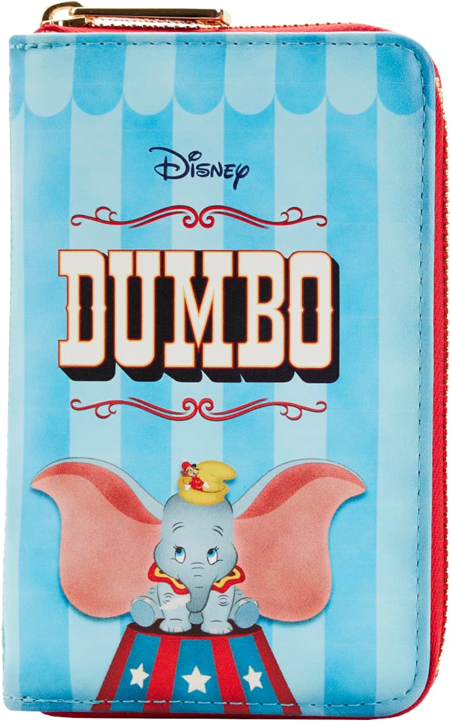 Disney Dumbo zip-around wallet featuring Dumbo and Timothy Mouse sitting on a circus stage below the title "DUMBO"