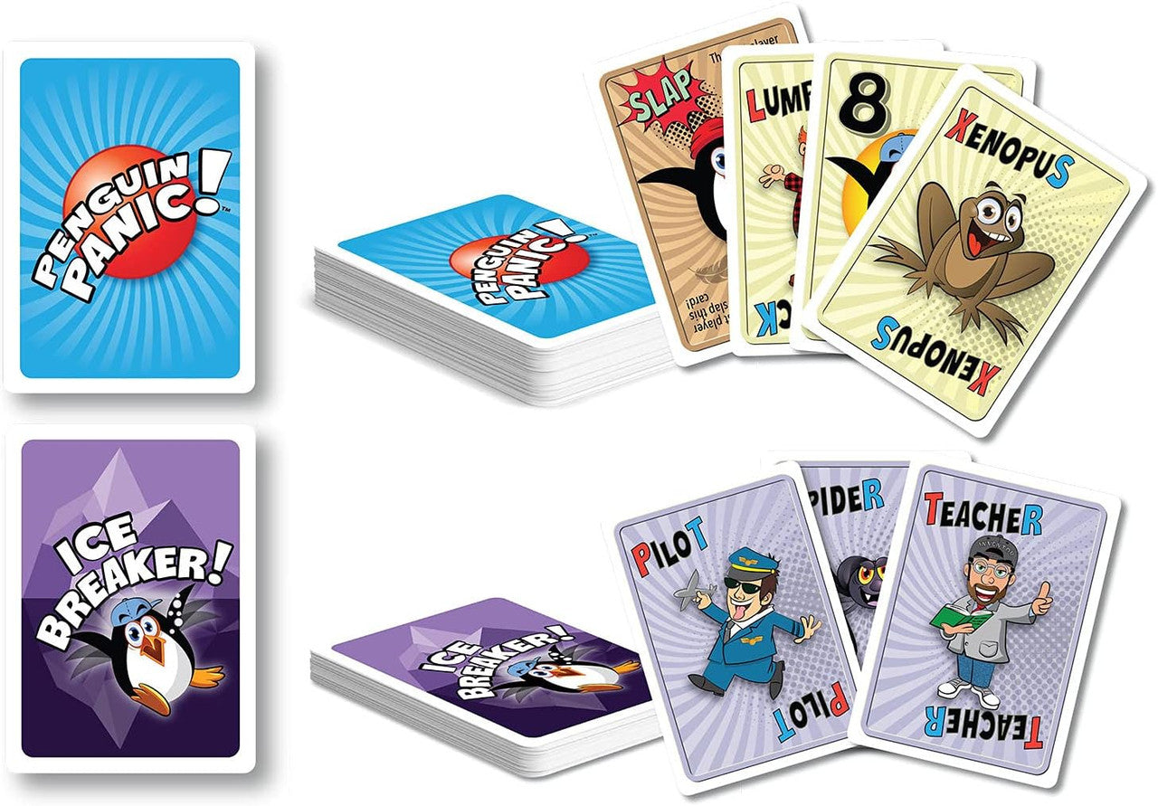 Colorful illustrated cards from the Penguin Panic! card game, showing decks and character cards like Pilot and Xenopus