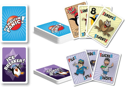 Colorful illustrated cards from the Penguin Panic! card game, showing decks and character cards like Pilot and Xenopus