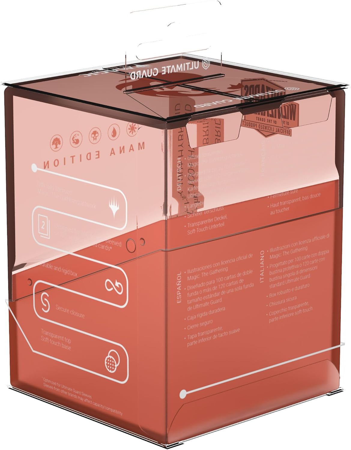 Clear red Ultimate Guard deck box packaging displaying multilingual features and TCG mana symbols