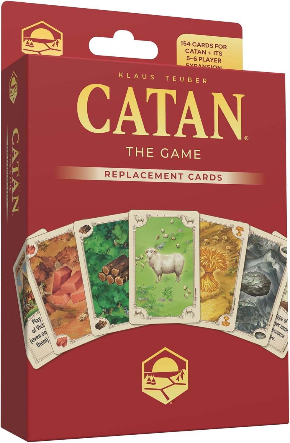 Red Catan Replacement Cards box, displaying resource cards (sheep, wood, brick, grain) fanned across the front