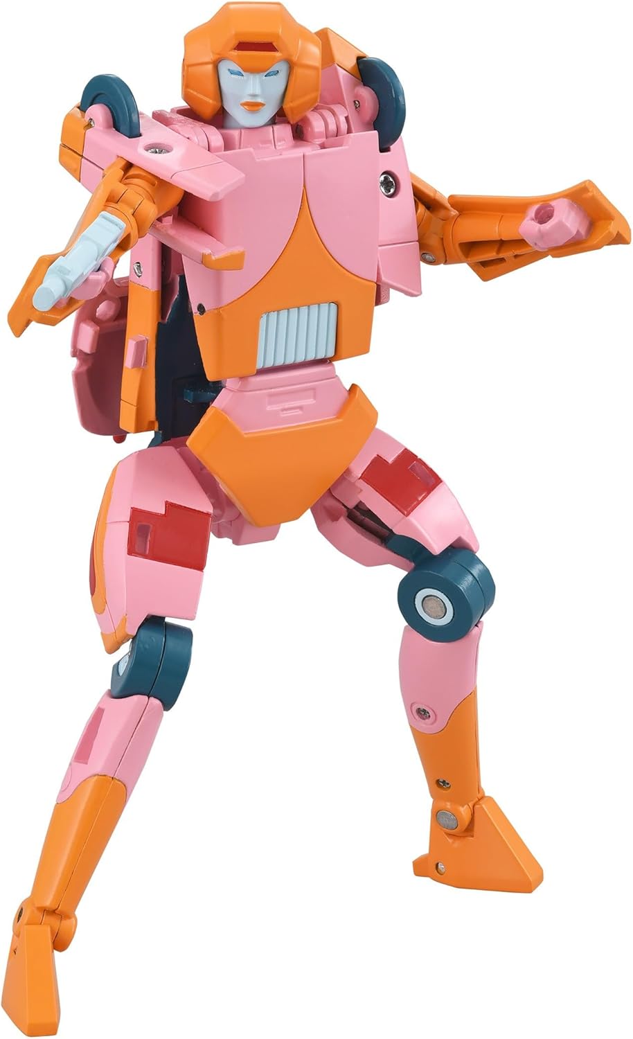 Pink and orange Arcee Transformer action figure, posed dynamically, standing against a white background