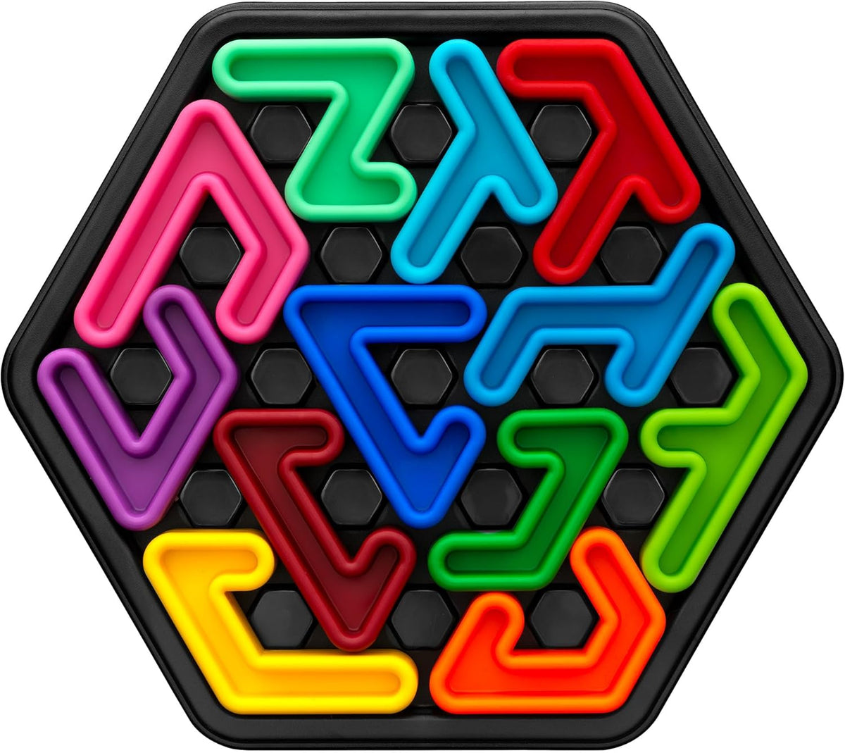 Completed colorful IQ Deluxe Hexagon puzzle pieces assembled in a black hexagonal tray on a textured grid