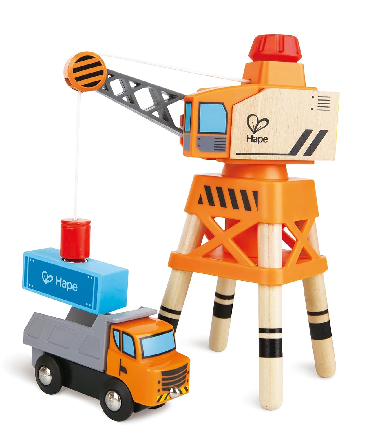 Wooden construction toy set: orange crane loading a blue container onto a dump truck