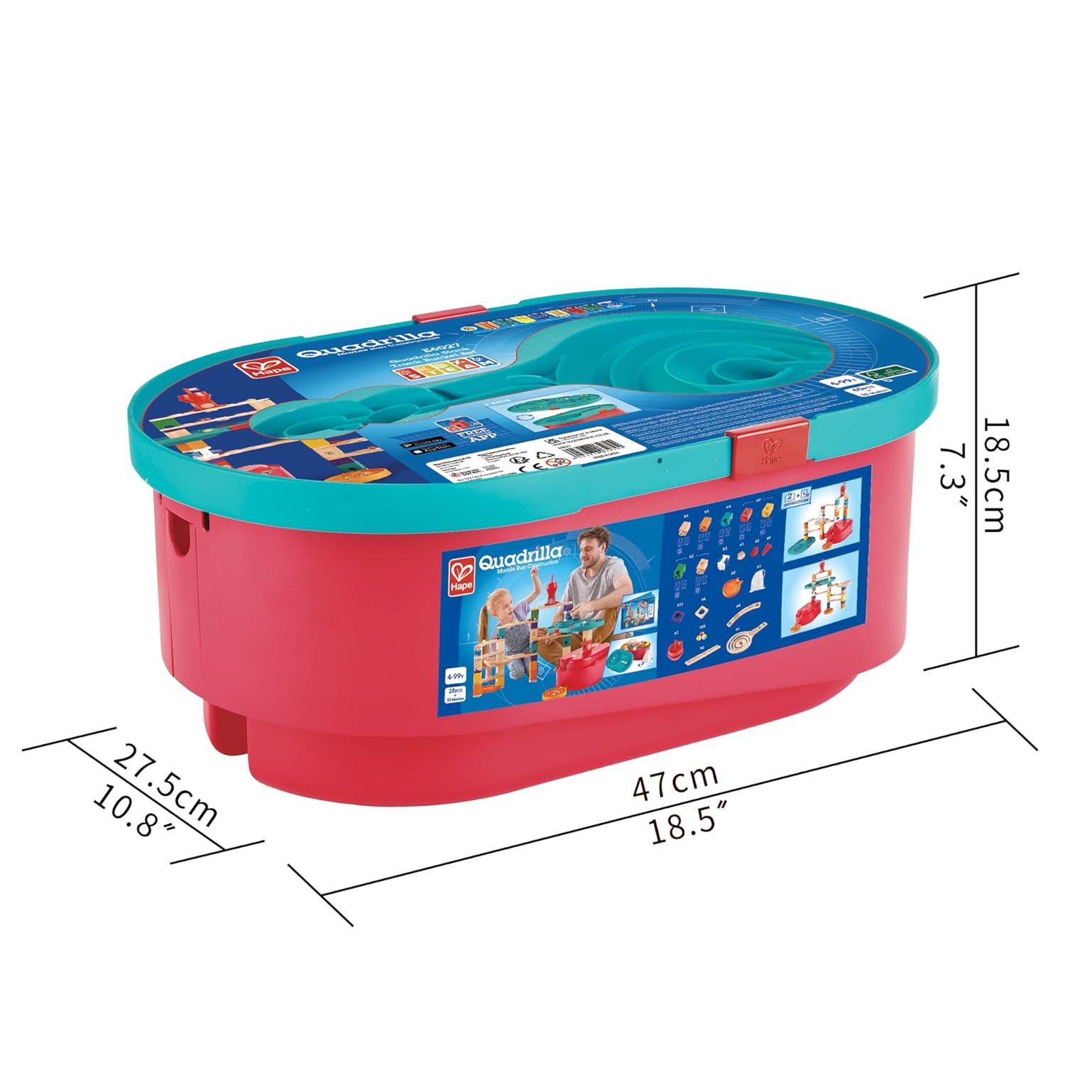 Pink Hape Quadrilla Marble Run construction kit container with teal lid, showing dimensions (47cm x 27.5cm)