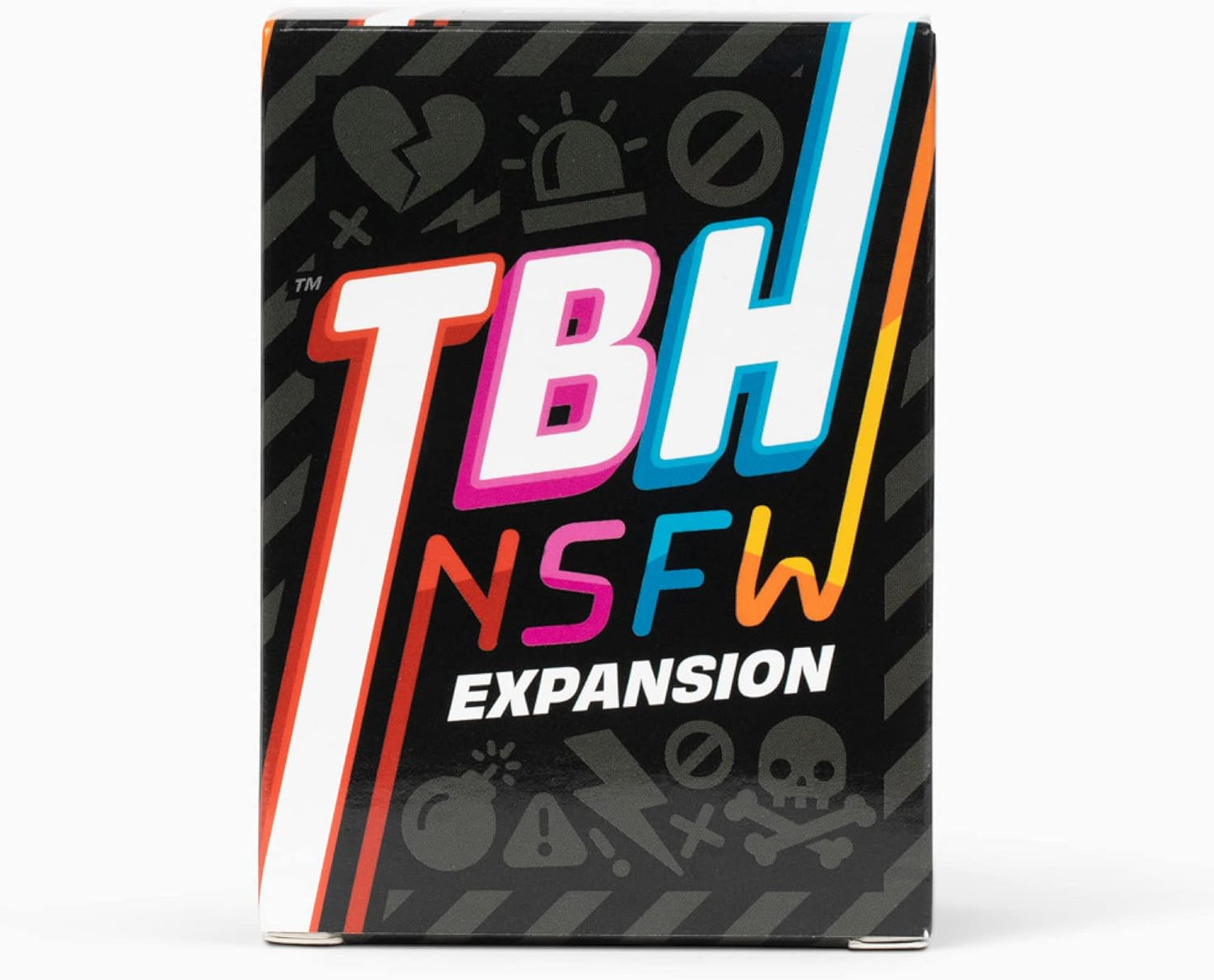 Black box for the TBH NSFW EXPANSION card game, featuring colorful, stylized lettering and gray hazard icons