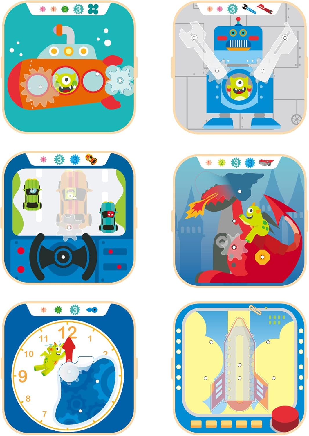 Colorful grid of six illustrations featuring cartoon monsters and gears in various mechanical scenarios: vehicles, robots, and clocks