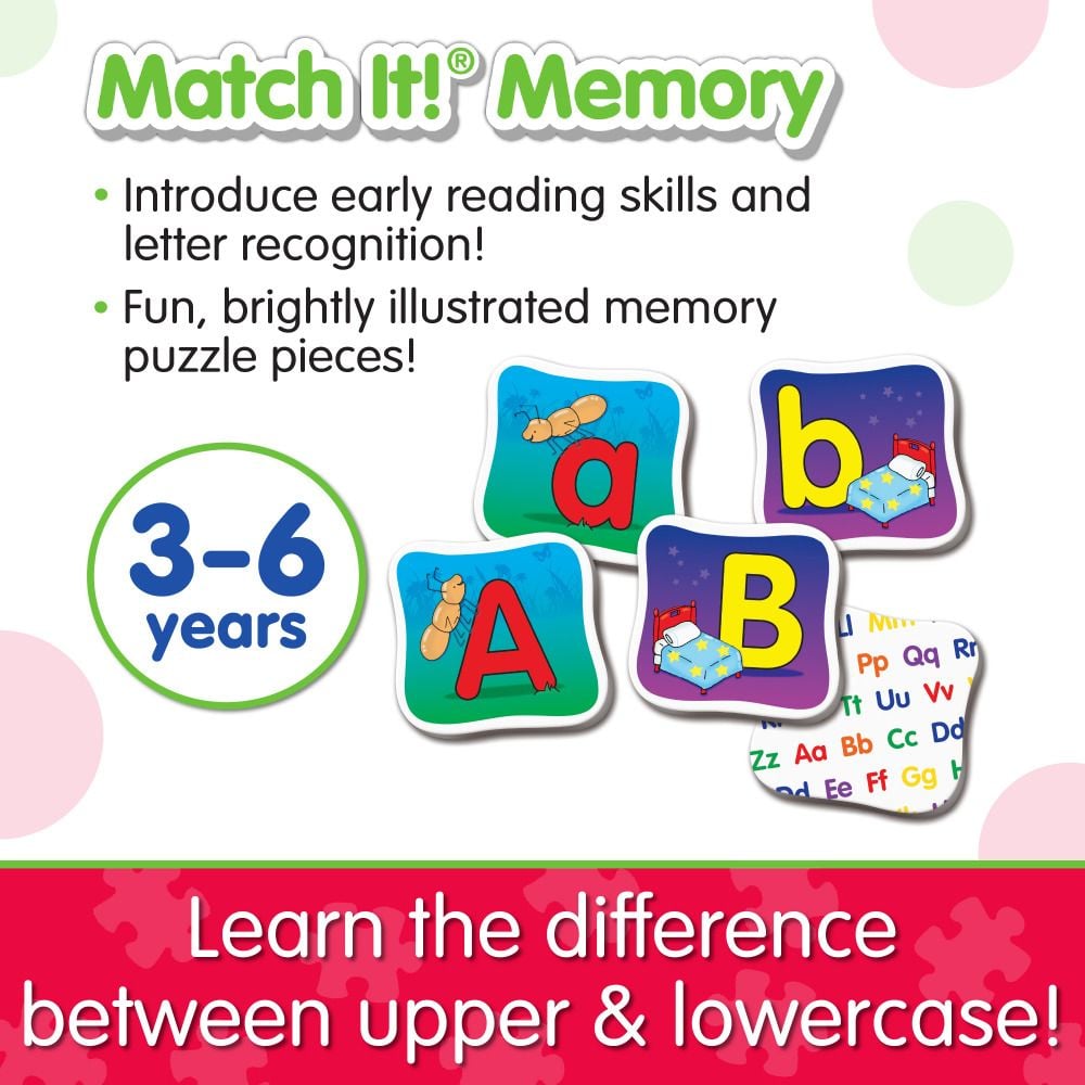 Match It! Memory game pieces showing illustrated letters A and B (upper and lowercase) for early reading skills and letter recognition for ages 3-6