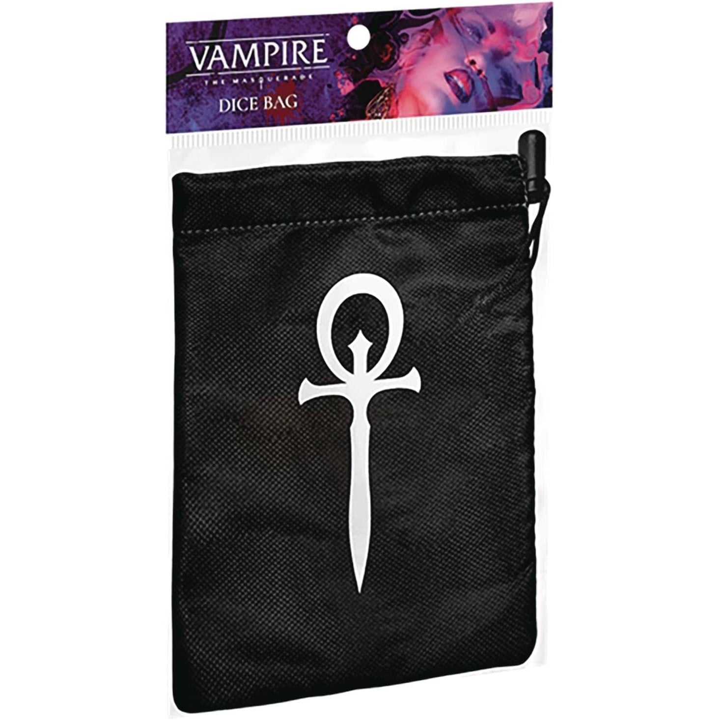 Black Vampire: The Masquerade dice bag with a white Ankh of Nod symbol, in retail packaging