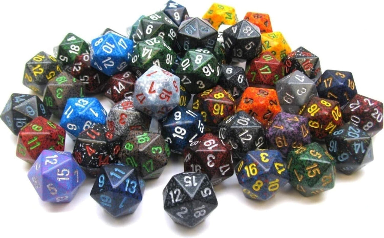 A pile of many colourful, 20-sided dice (d20s) with numbers, on a white background