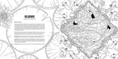 Line art of a hellbender salamander guarding eggs under a rock -  with larvae swimming nearby