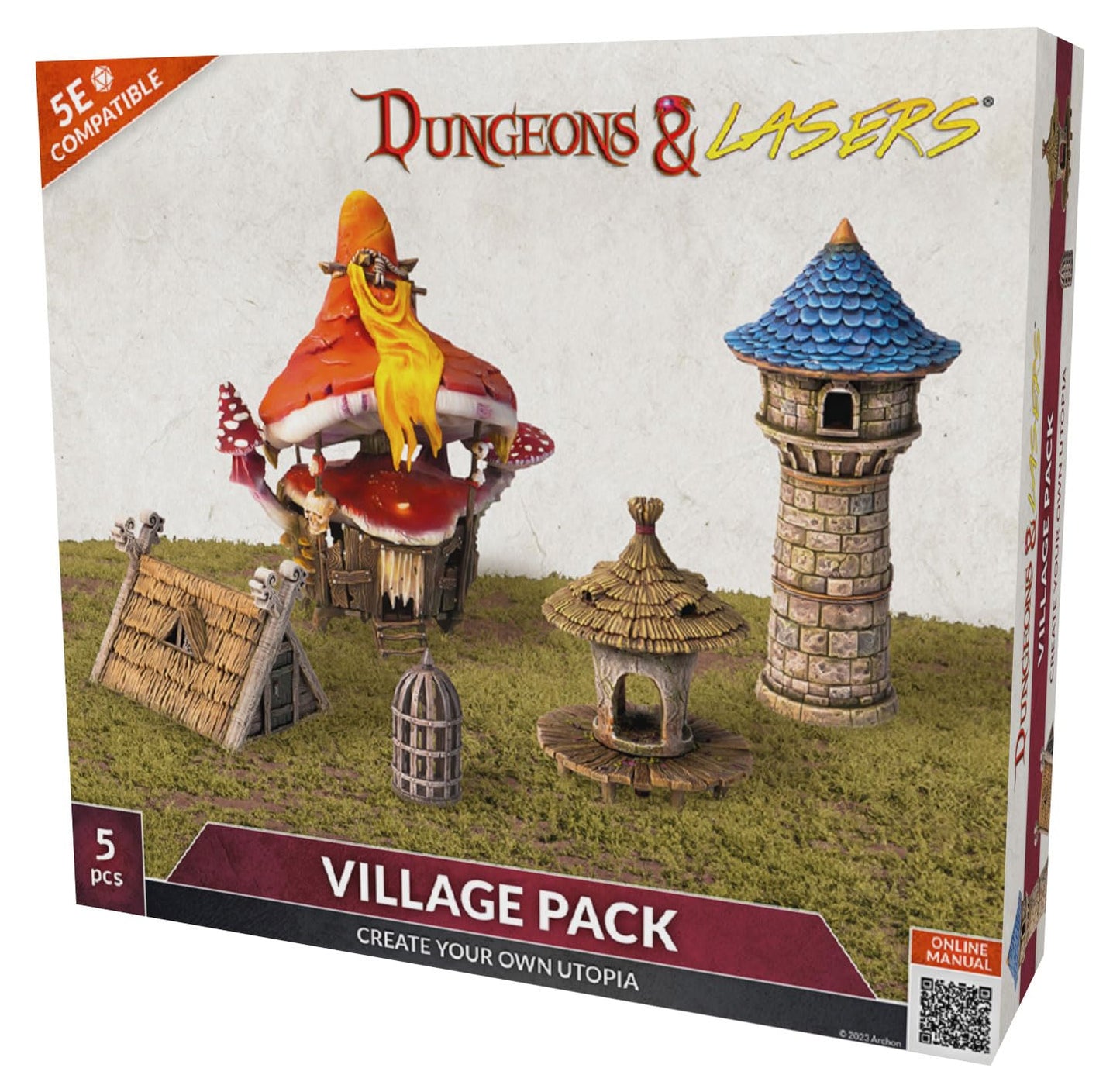 5E compatible Dungeons & Lasers Village Pack box with 5 fantasy terrain miniatures: mushroom house, tower, huts, cage