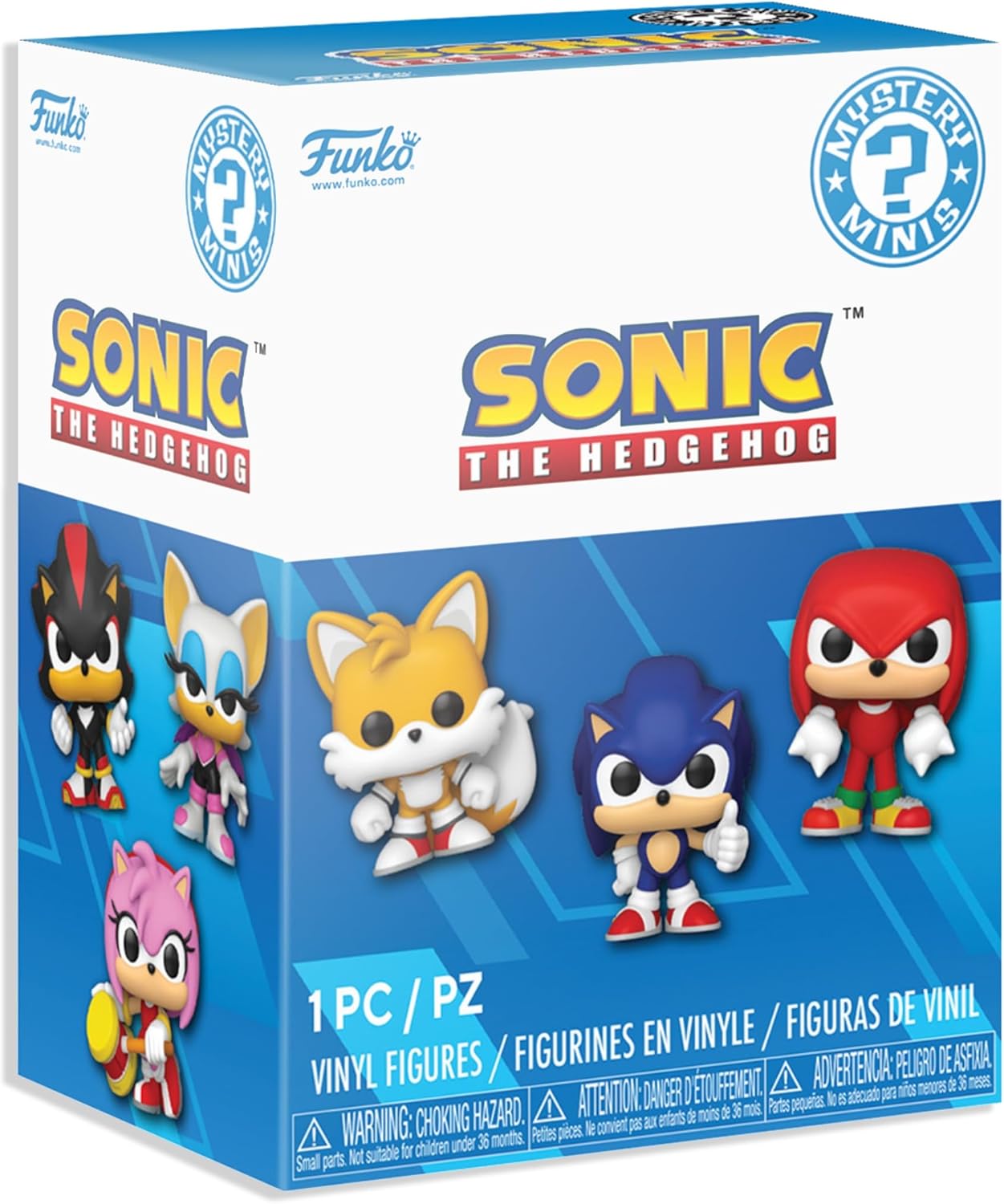 Funko Mystery Minis box featuring Sonic the Hedgehog, Tails, Knuckles, Shadow, and Amy Rose vinyl figures