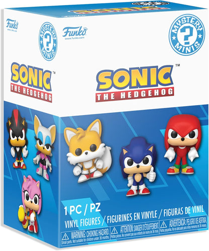 Funko Mystery Minis box featuring Sonic the Hedgehog, Tails, Knuckles, Shadow, and Amy Rose vinyl figures