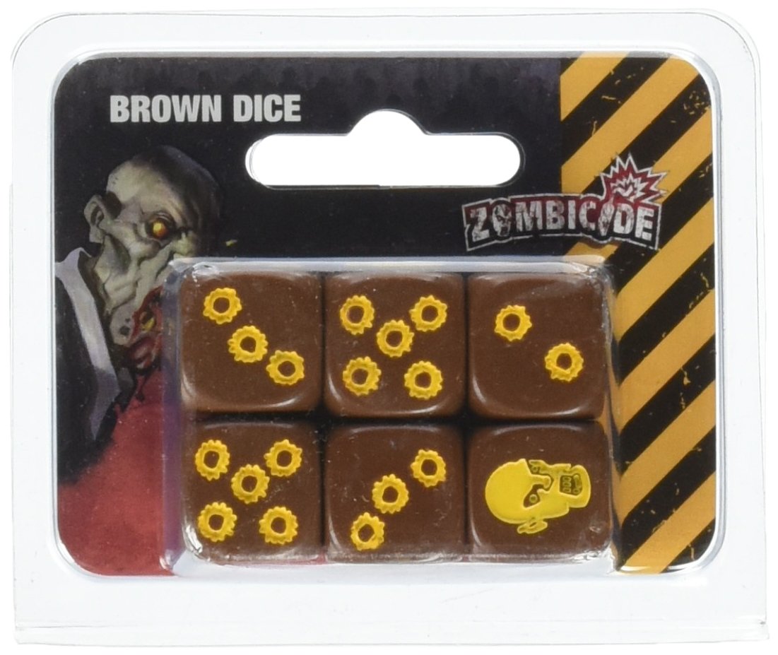 Six brown Zombicide dice in packaging, marked with yellow bullet holes and a skull icon