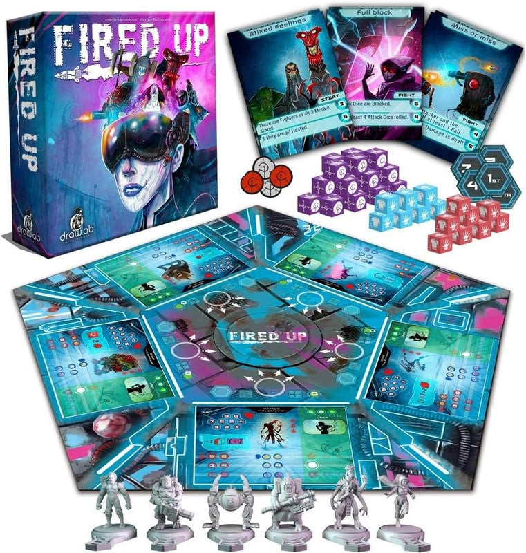 The Fired Up sci-fi board game set, featuring its box, a colourful modular board, character cards, and six unpainted miniatures