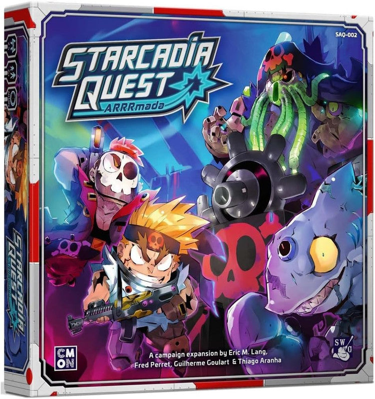 Starcadia Quest ARRRmada board game box art, features a blonde boy with a gun, a skull-faced pirate, a tentacled alien, a robot, and a shark creature in a sci-fi setting